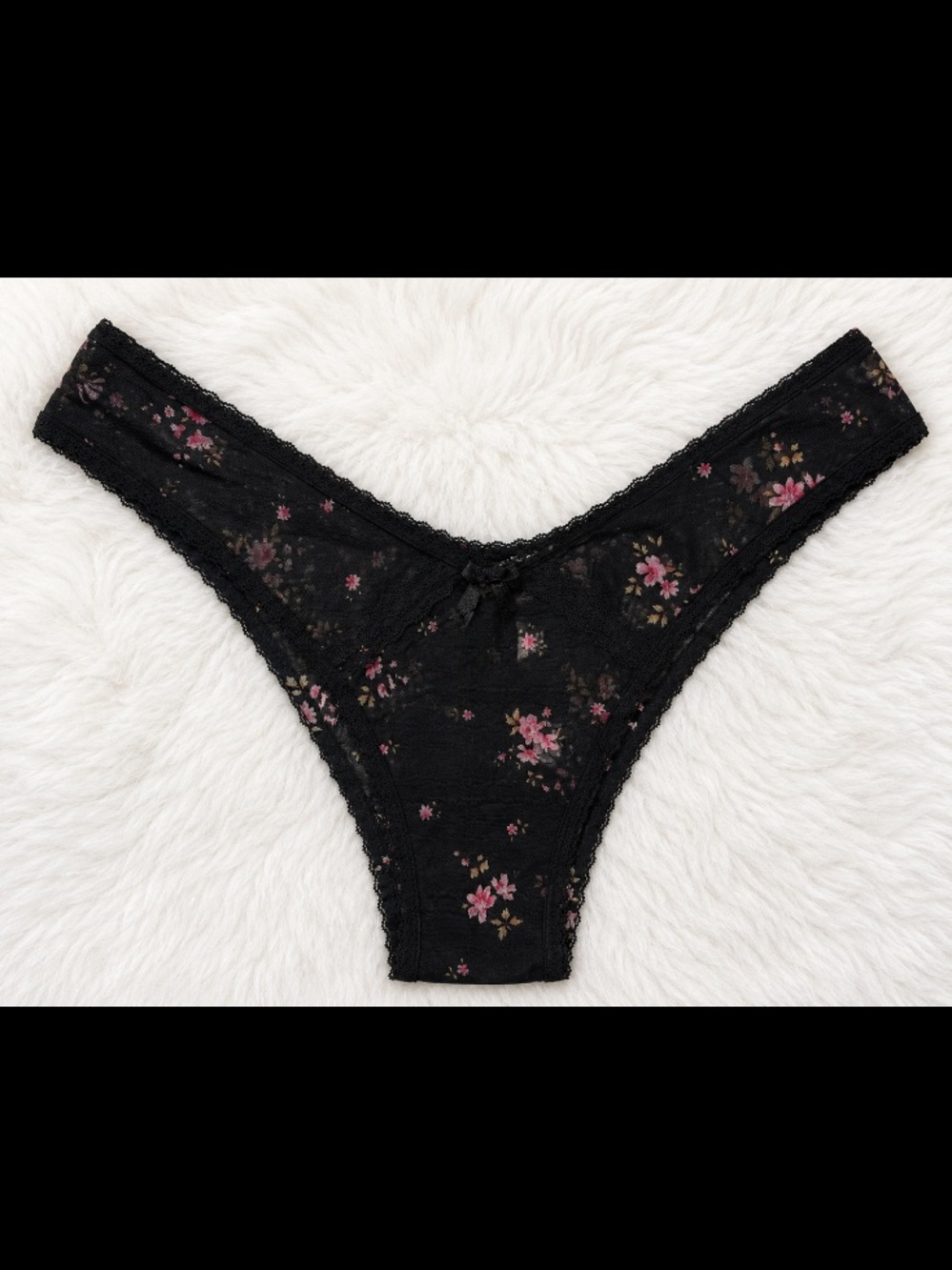 Victoria's Secret Black Lace Bikini Bottoms with Pink Floral Print, Size M NWT